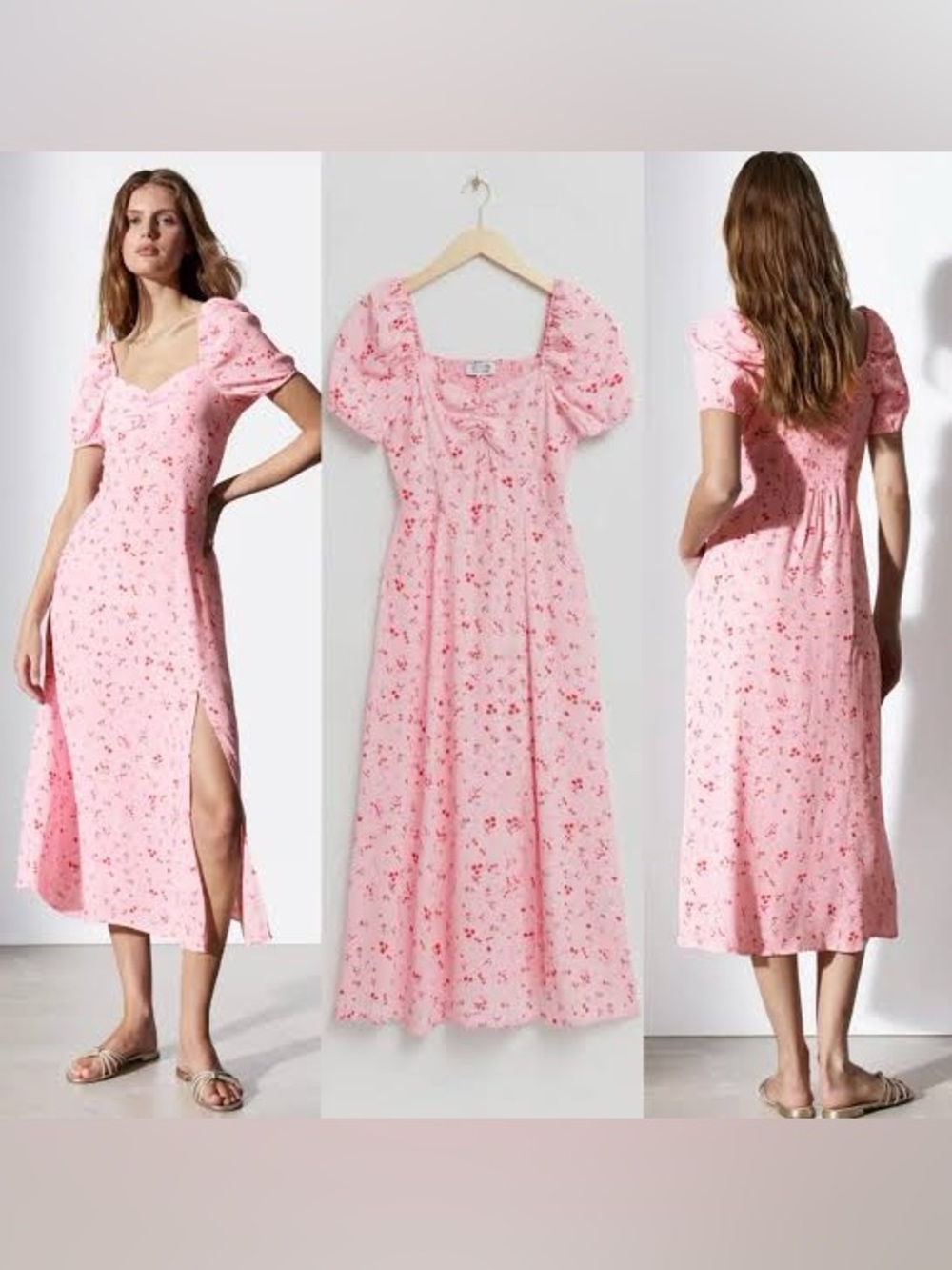 & Other Stories Pink Floral Puff-Sleeve Midi Dress